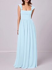 baratos Vestidos para Madrinhas-Vestido de madrinha linha A, alças, sem mangas, elegante, longo, chiffon, com pregas / franzido, 2025