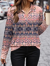 billige Boho t-skjorte-Dame T skjorte Grafisk Geometri Årgang Stilfull Fritid Langermet V-hals Skjortekrage Vanlige topper Daglig Trykt mønster Gul Rosa Blå Lilla Kakifarget Høst Vinter