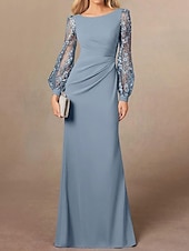 economico Lunghezza del pavimento-Abito da madre della sposa a tubino/colonna blu polvere, elegante, semplice e minimalista, con scollo a barca, lunghezza al pavimento, in crêpe elasticizzata, maniche lunghe con ricami in pizzo 2025