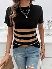 billige Grafiske mønstre og detaljer-Dame Bluse Stripet Stilfull Fritid Kortermet Crew-hals Vanlige topper Daglig Lapper Svart Hvit Brun Kakifarget Sommer