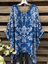 billige Blomstrete topper-Dame Bluse Blomstret Grafisk Elegant Årgang Daglig Kortermet Flaggermusermer Crew-hals Vanlige topper Daglig Ferie Strand Klær Gul Rød Blå Lilla Grønn Sommer Vår