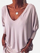 economico T-shirt semplice-T-Shirt Donna Colore Unito Stile Casual Manica Lunga Collo a V Top Regolari Giornalieri Bottoni Blu Nero Bianco Vino Verde Militare Estate Primavera Autunno