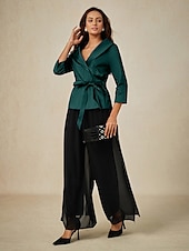 ieftine Topuri imbracate-Pentru femei Bluză Topuri de seară Elegant Metalic Stilat Lungime Manșon 3/4 În V Topuri obișnuite Invitat la nunta Serată Semi formal cravata fata Verde Smarald Primăvară, toamnă, iarnă, vară