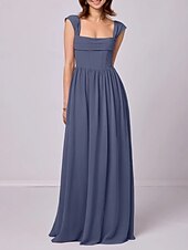 baratos Vestidos para Madrinhas-Vestido de madrinha linha A, alças, sem mangas, elegante, longo, chiffon, com pregas / franzido, 2025