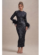 economico BLU-Abito da Sera Sirena  Tromba Elegante Abito Formal Semi Formale Gala Dress Matrimonio Lunghezza Piena Manica Lunga Collo Giro Stretch Paillettato con Maniche in Piuma