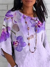 billige Blomstrete topper-Dame Bluse Blomstret Grafisk Bohem Daglig Etnisk 3/4 ermer Crew-hals Vanlige topper Daglig Ferie Ferieklær Trykt mønster Lilla Sommer Vår