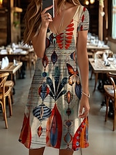 ieftine Rochii boho-Pentru femei Rochie Mini Rochii Tricou Rochie de Vară Rochie de vară Vacanță Casual Boho Zilnic Concediu Ieșire Fit regulat Grafic Geometric Fluture Manșon scurt În V Galben Roșu-aprins Albastru