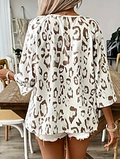 tanie Najlepsze zwierzęta-Damskie Letnie szczyty Graficzny Zwierzę Panterka Zabytkowe Codzienny Elegancki Rękaw 3/4 W serek Zwykłe topy Codzienny Smocked Nadruk Czarny Khaki Beżowy Lato Wiosna Jesień