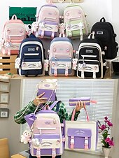 billiga Högskoleryggsäckar-5-i-1 skolryggsäcksset med plyschberlocker, lätt nylon, kawaii-stil, för flickor och tonåringar, perfekt för skolan och dagligt bruk