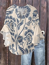 abordables Animaux Tops-Femmes Chemisier Fleuri Élégant Moderne Manche 3/4 Col en V Hauts Réguliers Quotidien Fête A Volants Imprimé Rose Claire Bleu Vert Abricot Été