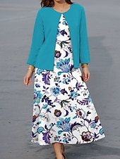 cheap Floral Dress-Women&#039;s Dress Set A Line Dress Summer Dress Casual Floral Graphic Print Midi Dress 3/4 Length Sleeve Crew Neck Vacation Date Yellow Pink Blue Spring Fall Regular Fit