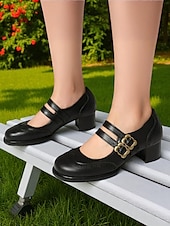 abordables Années 1950-Escarpins Mary Jane en similicuir marron pour femme – Chaussures vintage des années 1950 à talon bas et double bride à boucle, idéales au quotidien ou pour le bureau