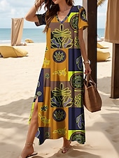 olcso Boho ruhák-Női Midi ruha hétköznapi ruha Nyári ruha A vonalú ruha nyári ruha Csehország Szabadság Alkalmi Tengerpart Laza öltözet Grafika Absztrakt Boho Rövid ujjú V-alakú Sárga Medence Bíbor Narancssárga Nyár
