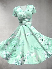ieftine Rochii florale-Pentru femei Rochii Midi Rochie de vară Rochie Fit And Flare Petrecere Casual Zilnic Concediu Fit regulat Floral Grafic Manșon scurt În V Roz Îmbujorat Albastru piscină Mov Trifoi Vară
