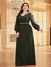 preiswerte BLAU-A-Linien Plus Size Kleider Elegantes Kurvenkleid Formelles Hochzeitsbodenlänges Langärmel V-Ausschnitt Chiffon mit Perlen 2025