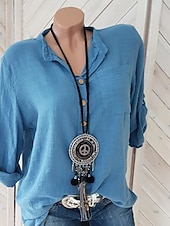 cheap Shirts-Women&#039;s Cotton Linen Shirts Solid Color Elegant Daily Basic Long Sleeve Crew Neck Long Tops Daily Holiday Going out Buttons White Pink Red Blue khaki Summer Fall