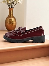 economico Slip-ons e mocassini da donna-Loafers in pelle verniciata bordeaux per donna con nappa e fiocco scarpe flat vintage per uscite casual e uso quotidiano