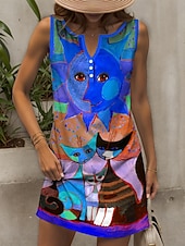 preiswerte Tiere Kleider-Damen Minikleid Sommerkleid Shiftkleid Schulterfreies Kleid Urlaub Lässig Outdoor Ausgehen Normale Passform Grafik Tiermotiv Katze Ärmellos V Ausschnitt Gelb Rote Blau Purpur Sommer Frühling