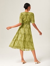 economico vestito casual-Per donna Abito Elegante Verde Manica Corta Jacquard Jacquard Primavera &amp; Estate Scollo a V Abito elegante Vacanza Data S M L