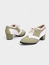 olcso 1950-es évek-női kétszínű, zöld-fehér oxford magassarkú, brogue díszítéssel – 1950-es évekbeli vintage fűzős elegáns cipők mindennapi viseletre, tavaszi szettekhez és retró ihletésű megjelenéshez
