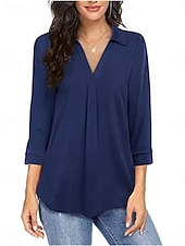 preiswerte Damen Einfache Oberteile-Damen Hemd Einfarbig Elegant Stilvoll Basic Dreiviertelarm V Ausschnitt Normale Oberteile Täglich Schwarz Wein Blau Grün Frühling Herbst