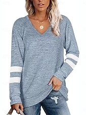 billiga Randig och geometrisk t-shirt-Dam T-shirt Randig Mode Stylish Modern Långärmad V-hals Vanliga toppar Dagligen Helgen Mönster Svart Blå Grön Kaki Sommar