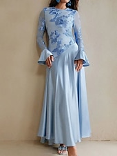 preiswerte BLAU-Blauer Bogen Spitze A-Linie Abendkleid Elegantes Kleid Formelles Hochzeitskleid Bodenlang Lange Ärmel Rundhals Stretchmaterial