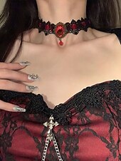 abordables Collier pour femme-Collier ras du cou gothique en dentelle pour femme avec pendentif en pierre rouge, bijou vintage en velours noir pour fête d&#039;Halloween et cosplay costumé
