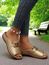 cheap Slide Sandals-Women's White Faux Leather Slide Sandals with Gold Buckle Casual Style for Garden Walks Vacation and Daily Errands