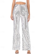 economico pantaloni da donna da festa-Per donna Gamba larga Moda Streetwear Lunghezza intera Naturale Semplice Paillettes Elastico in vita Comodo All&#039;aperto Confortevole All&#039;aperto Vacanza Feste Argento Nero Rosso Autunno Vestibilit