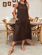 preiswerte Weißes Kleid-Damen Maxikleid A Linie Kleid Sommerkleid Lässig Täglich Normale Passform Einfach Ärmellos Rundhalsausschnitt Wein Blau Braun Grün Sommer