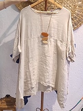 economico Camicie-camicetta da donna in cotone e lino tinta unita elegante casual mezza manica girocollo top normale quotidiano festa bianco blu navy blu arancione marrone estate autunno