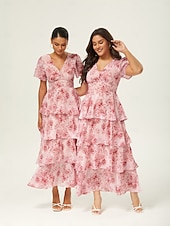 abordables Robes décontractées-Robe longue décontractée pour femme, tenue de soirée, col en V, manches courtes, coupe trapèze, imprimé floral, volants superposés, tenue de tous les jours, jupe gâteau, taille ajustée, robe longue