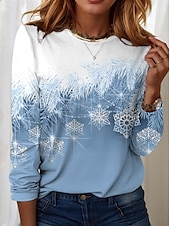 abordables Camiseta floral-Sudadera de mujer con estampado de copos de nieve de invierno, manga larga, cuello redondo, azul degradado, informal, cómoda, ajuste regular, temporada festiva, top acogedor