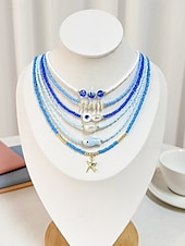 cheap Women&#039;s Necklace-Women&#039;s Colorful Beaded Layered Necklace Set – Boho Evil Eye, Pearl, and Charm Accents – Adjustable Summer Jewelry for Teens and Young Women – Ideal for Beach, Festivals and Casual Wear