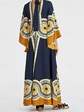 billige Boho-kjoler-Dame Lang kjole Maxikjole Swingkjole Print kjole Klassisk Moderne utendørs Ut på byen Normal Blomsternål i krystall Langermet V-hals Svart Hvit Rosa Mørkeblå Høst