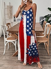 cheap Independence Day Dress-Independence Day Women&#039;s Patriotic Fourth of July Maxi Dress A Line Dress Slip Dress Vacation Casual Outdoor Going out Regular Fit Graphic American Flag Sleeveless V Neck Spaghetti Strap Blue