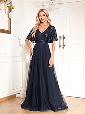 economico BLU-Abiti A-Line Quinceanera Abito Elegante Cerimonia Matrimonio Lunghezza Completa Maniche Corte V Collo Poliestere con Pieghe