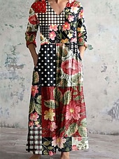 cheap Floral Dress-Women&#039;s Midi Dress A Line Dress Casual Outdoor Going out Loose Fit Floral Graphic 3/4 Length Sleeve V Neck Red Blue Purple Green Summer Spring Fall
