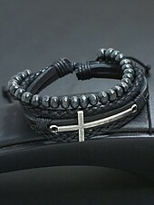 preiswerte Herrenschmuck-Gothic-Kreuz-Lederperlenarmband für Herren – mehrlagiges Vintage-Armband für Halloween-Partys und Retro-Punk-Stil