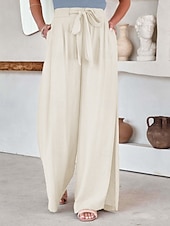 abordables jambe large et taille haute-Femmes Culottes Jambe Large Évasé Élégant Vacances ancien Long Taille Moyenne Cordon de serrage Classique Stylé Micro-Élastique Ivoire Bleu Kaki Été Printemps Automne Coupe Ample