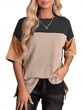 billige Stripe og geometrisk t-skjorte-Dame T skjorte Fargeblokk Mote Moderne Fritid Kortermet Crew-hals Vanlige topper Daglig Helg Lapper Svart Rosa Oransje Grønn Kakifarget Sommer Vår