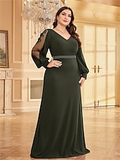 preiswerte BLAU-A-Linien Plus Size Kleider Elegantes Kurvenkleid Formelles Hochzeitsbodenlänges Langärmel V-Ausschnitt Chiffon mit Perlen 2025