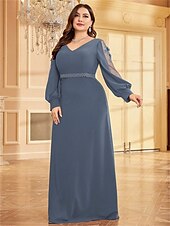 preiswerte BLAU-A-Linien Plus Size Kleider Elegantes Kurvenkleid Formelles Hochzeitsbodenlänges Langärmel V-Ausschnitt Chiffon mit Perlen 2025