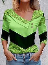 billige Stripe og geometrisk t-skjorte-Dame T skjorte Grafisk Geometrisk Årgang Stilfull Grunnleggende Langermet Asymmetrisk hals Vanlige topper Daglig Ut på byen Helg Knapper Rosa Blå Lilla Grønn Sommer Vår