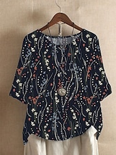 economico Top a Righe e Geometrici per Donne-Per donna Camicie di cotone e lino Floreale A righe Essenziale Casual Mezza Manica Girocollo Top Regolari Quotidiano Stampato Nero Bianco Blu Azzurro cielo Verde Estate