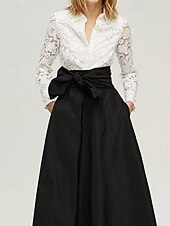 baratos Comprimento do chão-vestido formal preto e branco, linha A, vestido-camisa para mãe da noiva, elegante, simples e minimalista, gola estilo camisa, comprimento até o chão, renda elástica, tafetá, manga comprida com