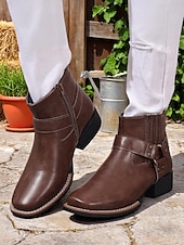 abordables Cowboy et bottes occidentales-bottines pour femmes avec fermeture éclair latérale et détail de sangle, similicuir, chaussures de travail de style occidental pour les tâches agricoles en plein air, la fête des récoltes et le port quotidien