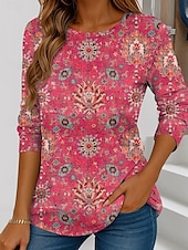 billige Boho t-skjorte-Dame T skjorte Grafisk Geometri Stilfull Fritid Langermet Crew-hals Vanlige topper Daglig Helg Trykt mønster Gul Blå Fuksia Oransje Sommer