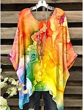olcso Női Művészet és Dizájn Felsők-Női Boho ing Grafika Absztrakt Elegáns Csehország Aktív Rövid ujjú Denevérujj Terített nyak Normál felsők Napi Szabadság Strandruházat Sárga Medence Bíbor Fukszia Narancssárga Nyár Tavasz